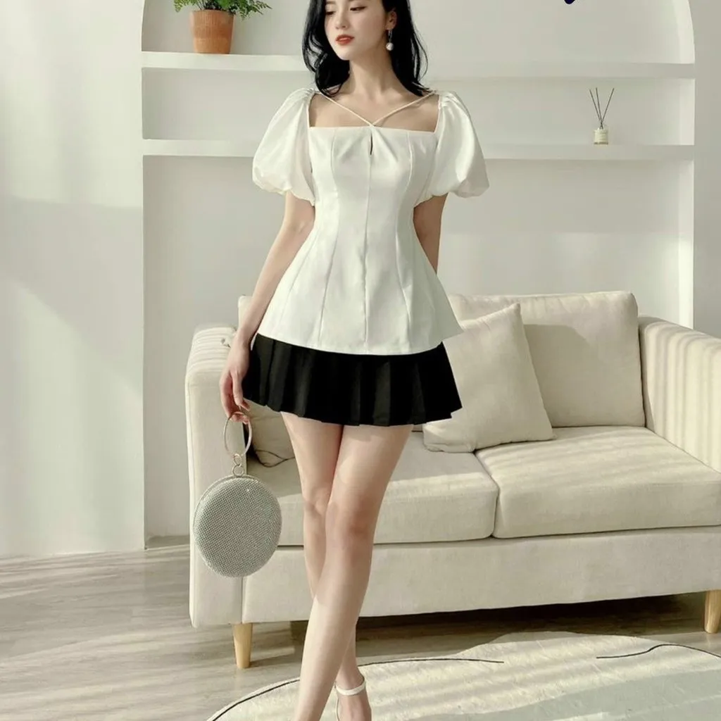 Alternative view of Set Đầm Váy Nữ Áo Tay Phồng Cổ Vuông Mix Chân Váy Dd090 - Nana House