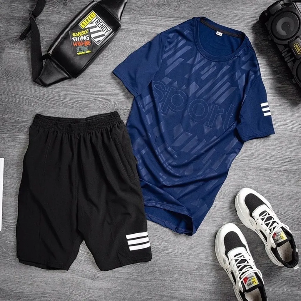Bộ Thể Thao Nam Cổ Tròn Ép Vân Sport Chất Liệu Vải Thun Thể Thao Co Giãn Đàn Hồi - Men's Style