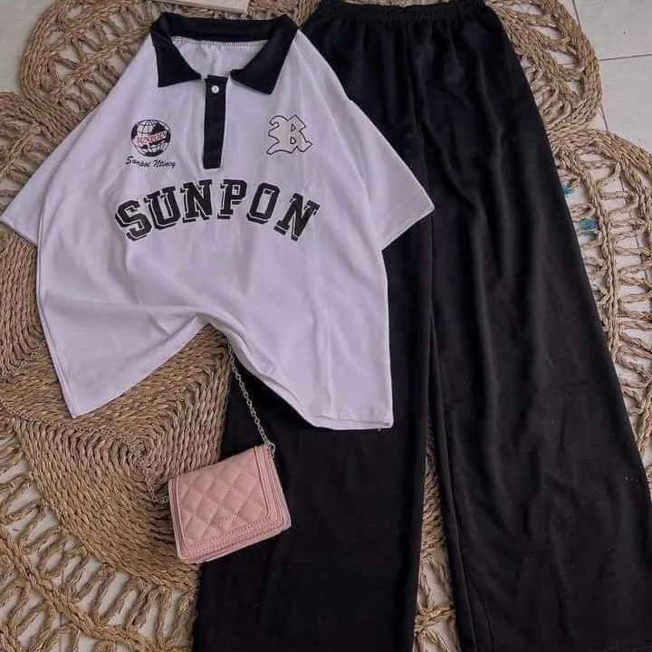 Alternative view of Bộ Nữ, Set Polo Sunpon + Quần Ống Rộng Đen Cạp Chun Chất Cotton Su