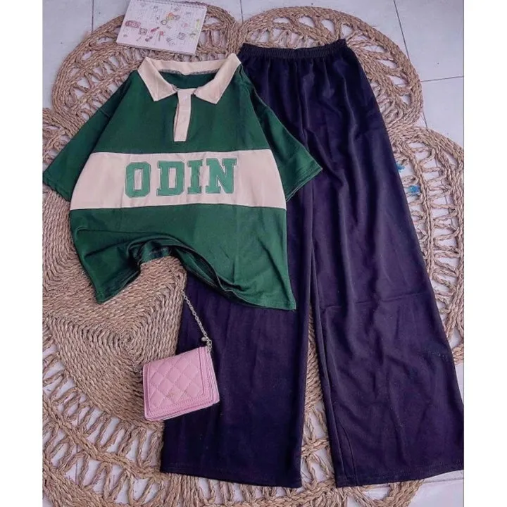 Sét Bộ Nữ, Gồm Quần Ống Rộng Cạp Chun Đen Hack Dáng + Mix Kèm Áo Polo Chữ -odin