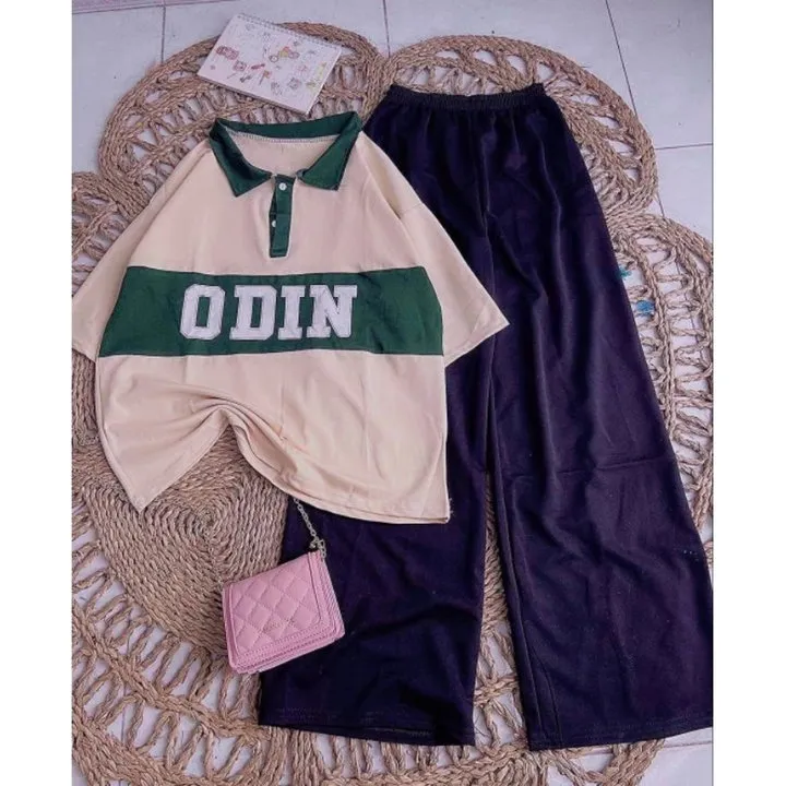 Alternative view of Sét Bộ Nữ, Gồm Quần Ống Rộng Cạp Chun Đen Hack Dáng + Mix Kèm Áo Polo Chữ -odin