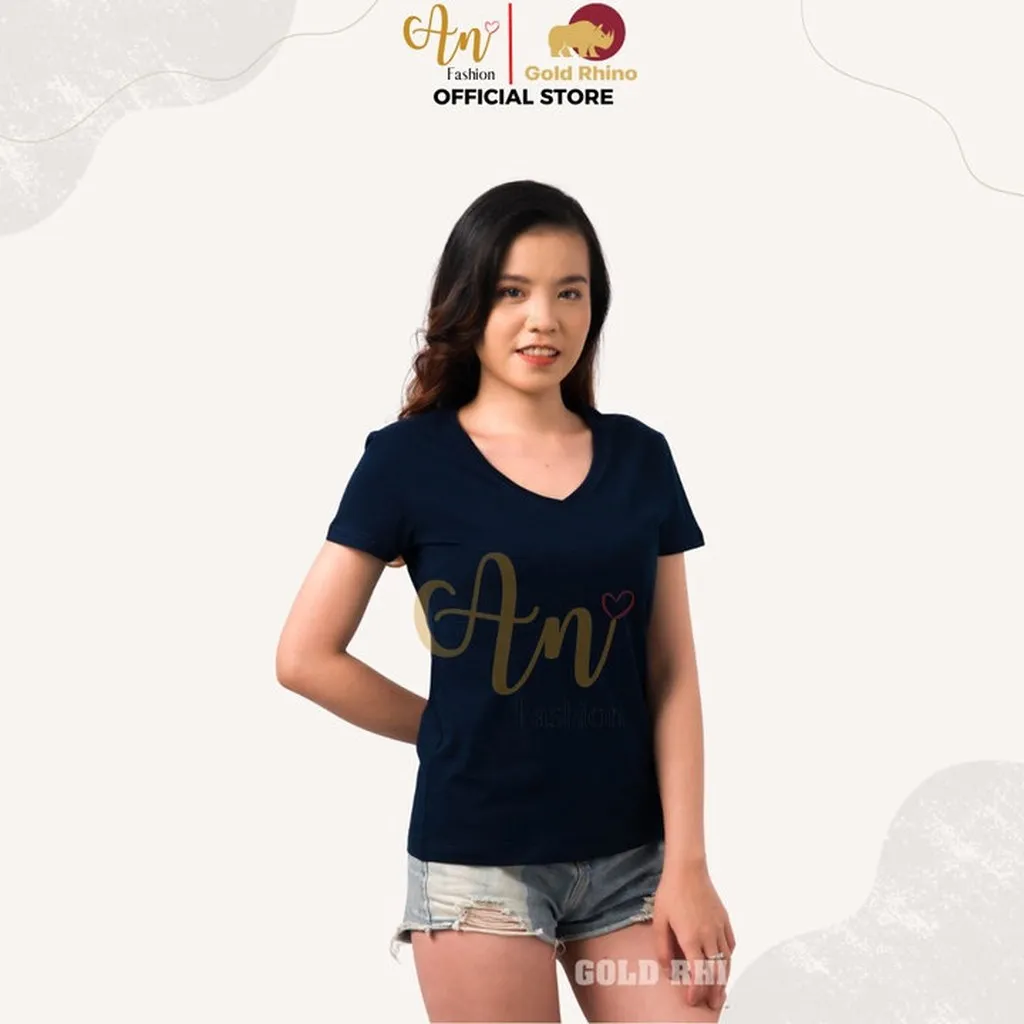 Alternative view of Áo Thun Nữ Cổ Tim Xanh Navy 100% Cotton Cao Cấp - Gold Rhino