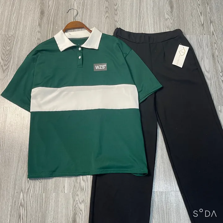 Alternative view of Set Bộ Áo Thun Polo Wsz Xanh + Quần Ống Rộng Đen Cạp Chun Hack Dáng