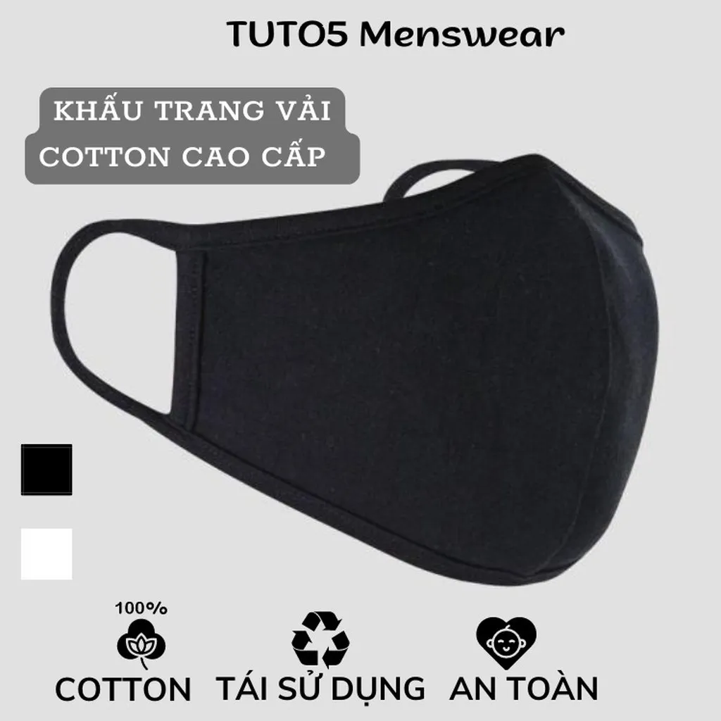 Khẩu Trang Vải Dệt Kim 2 Lớp Kháng Khuẩn Cao Cấp Công Nghệ Nhật Bản Trắng, Đen Tái Sử Dụng 30 Lần Kty1001- Tuto5