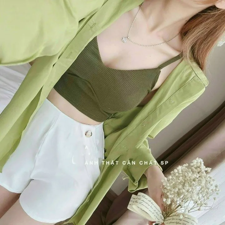 Set 3 Món Quần Short Cotton Lạnh & Áo Sơ Mi Đũi Trơn Kèm Áo Yếm Bozip Có Mút Ngực M492 - Aine