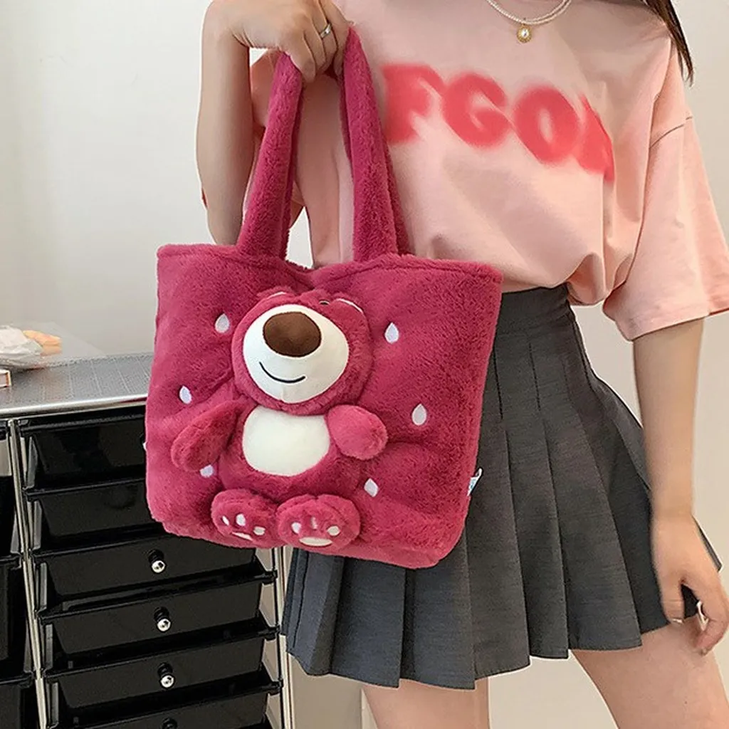 Túi Tote Học Sinh Hình Gấu Dâu Tây Cỡ Lớn Vải Nhung Lông Mềm Mịn Phong Cách Hàn Quốc Dễ Thương - Dmastore