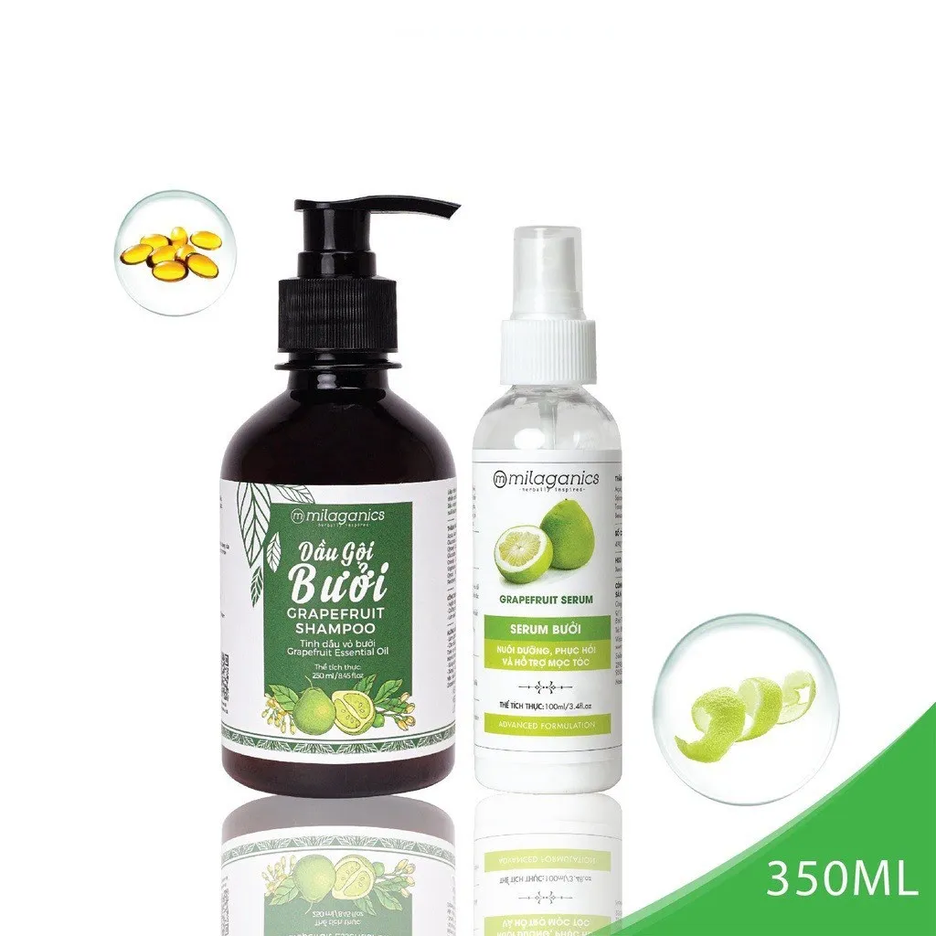 [combo Mọc Tóc] Dầu Gội 250ml & Serum Tinh Dầu Bưởi 100ml Kích Thích Mọc Tóc, Ngừa Rụng - Milaganics