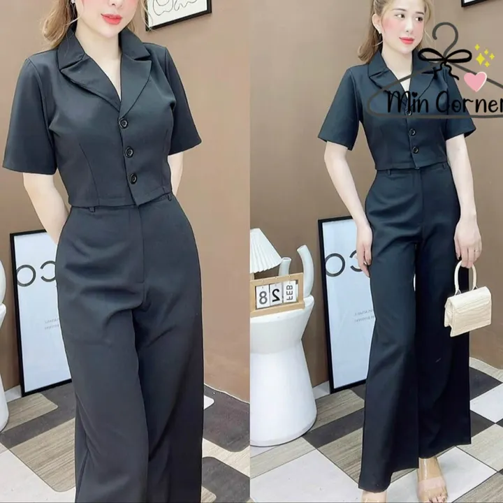 Set Bộ Áo Cổ Vest Kèm Quần Form Suông Cùng Màu Mb4 - Min Corner