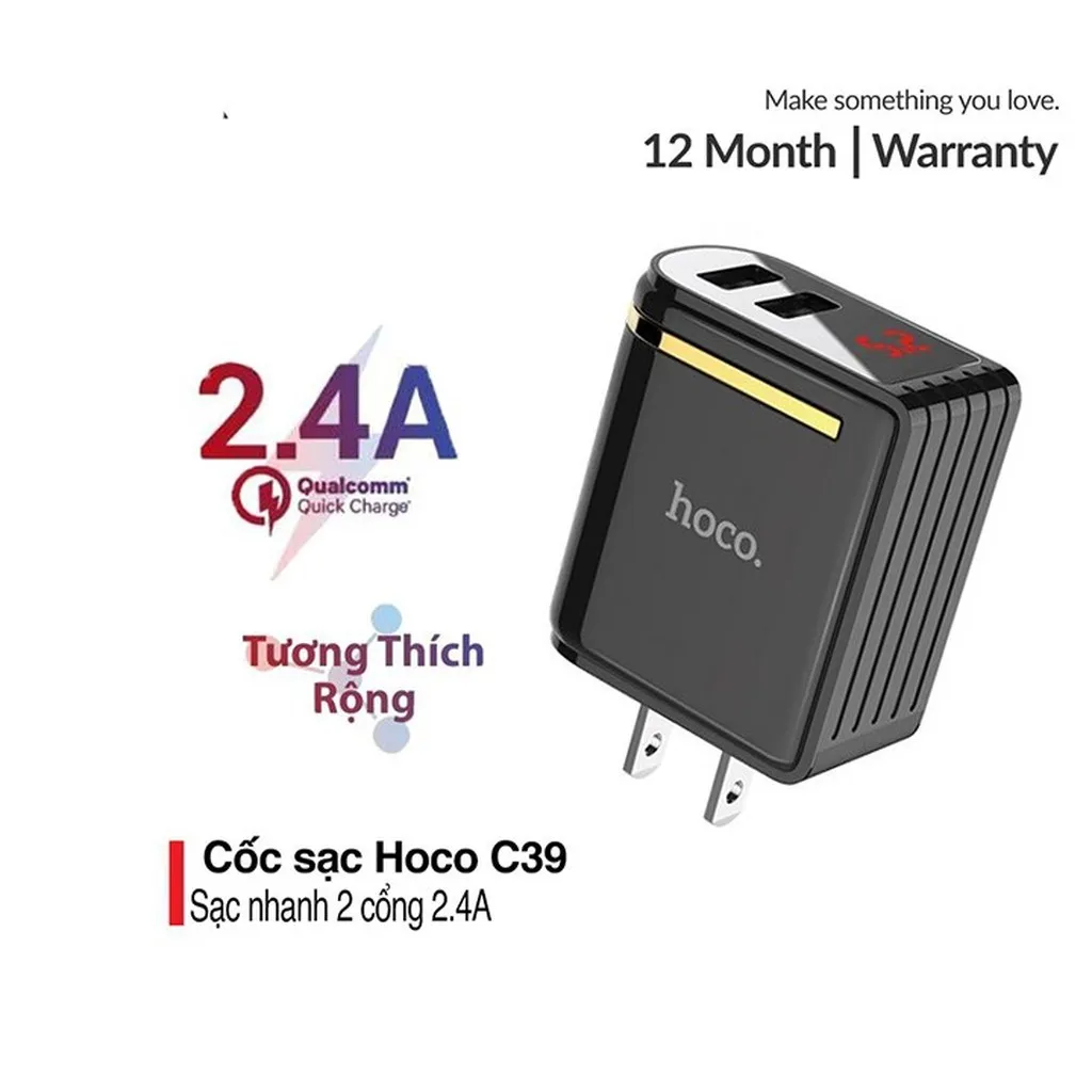 Alternative view of Củ Sạc C39 - Chính Hãng Hoco - Cho Smartphone,thiết Kế 2 Cổng Usb, Đèn Báo Thông Số, Công Nghệ Sạc Nhanh Qc3.0 - Seashop