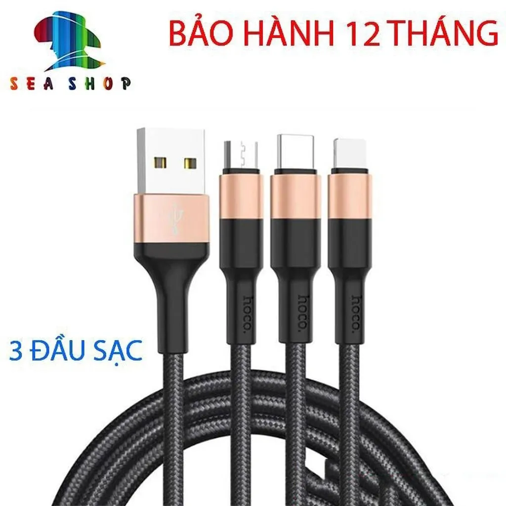 Cáp Sạc 3 Đầu Cắm Type-c, Lightning, Micro-chính Hãng Hoco - Chất Lượng Cao, Sạc Nhanh-cho Ios & Adroid - Seashop