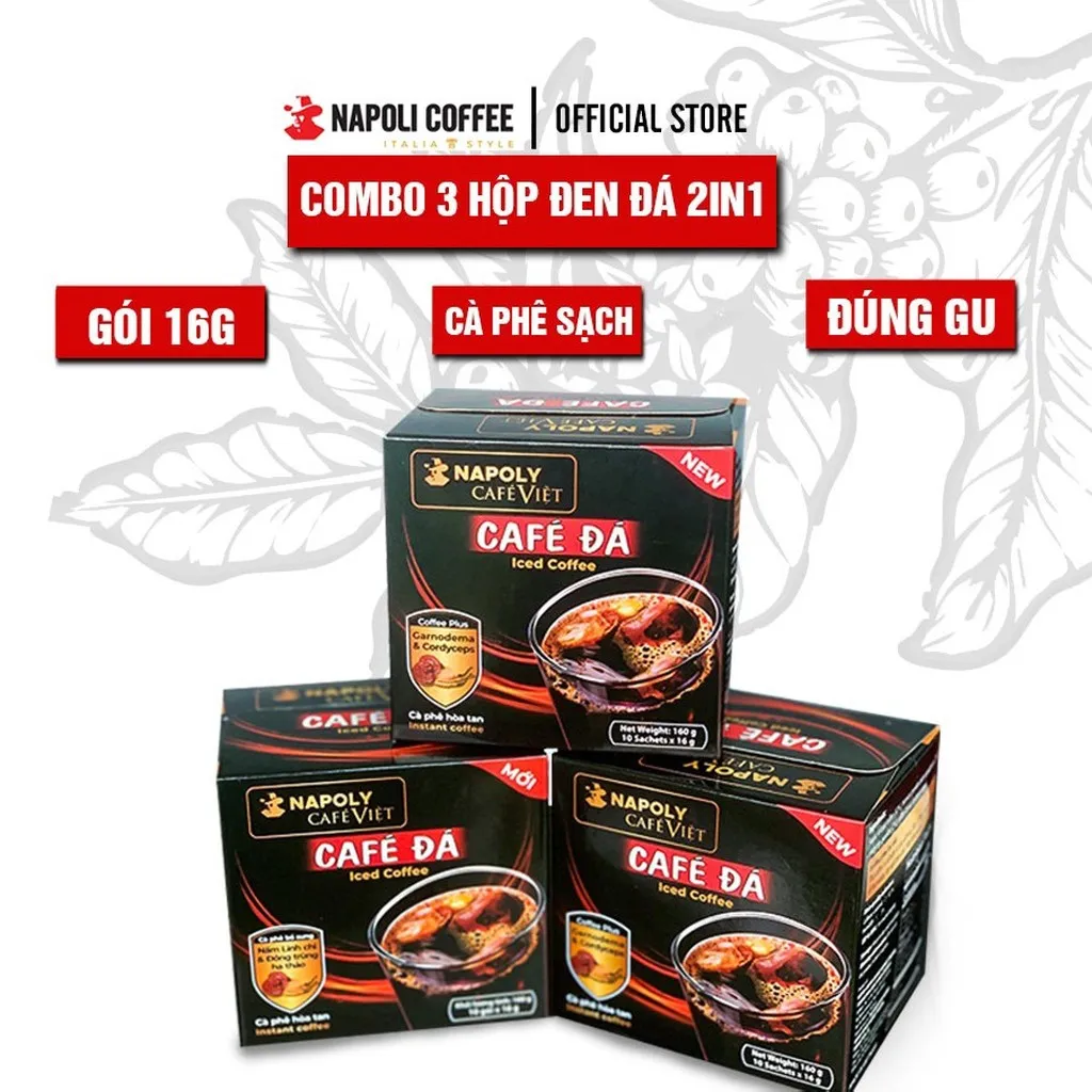 [combo 3 Hộp] Cà Phê Hòa Tan Đen Đá 2in1 Bổ Sung Nấm Linh Chi Và Đông Trùng Hạ Thảo Hộp 10 Gói X 16gr - Napoli Coffee