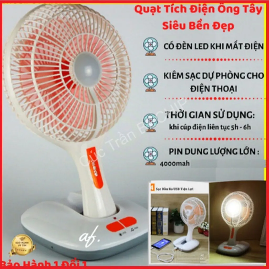 Quạt Tích Điện Ông Tây Kèm Đèn Led, Có Thể Gấp Gọn Ctb207 - Bechip