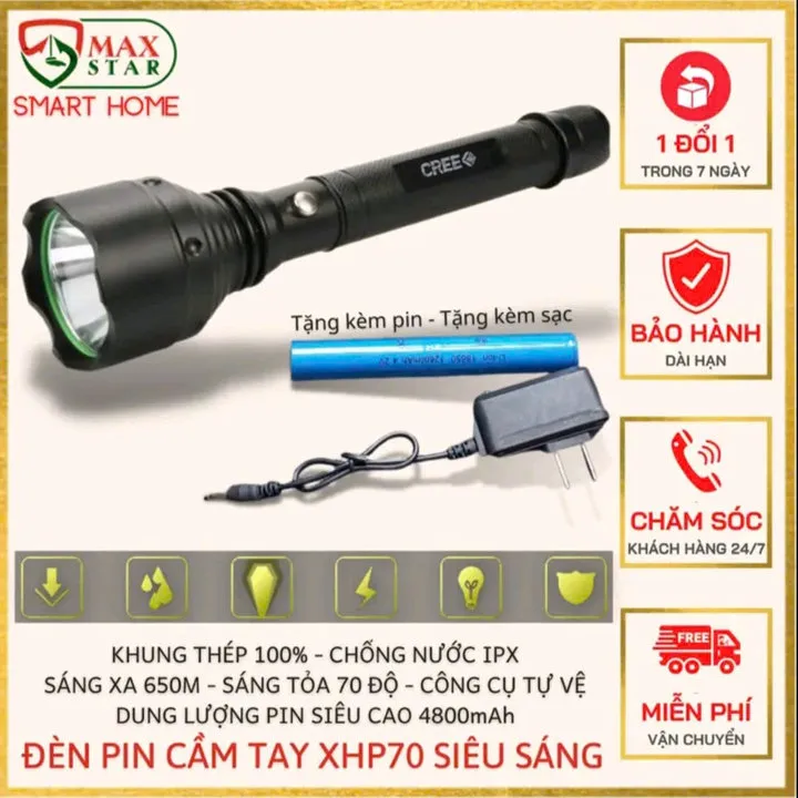 Đèn Pin Cầm Tay Siêu Sáng Cree Vỏ Inox Chống Nước Ip65 Pin Siêu Khỏe Kèm Sạc Tiện Dụng Gd050 - Lady's Passion