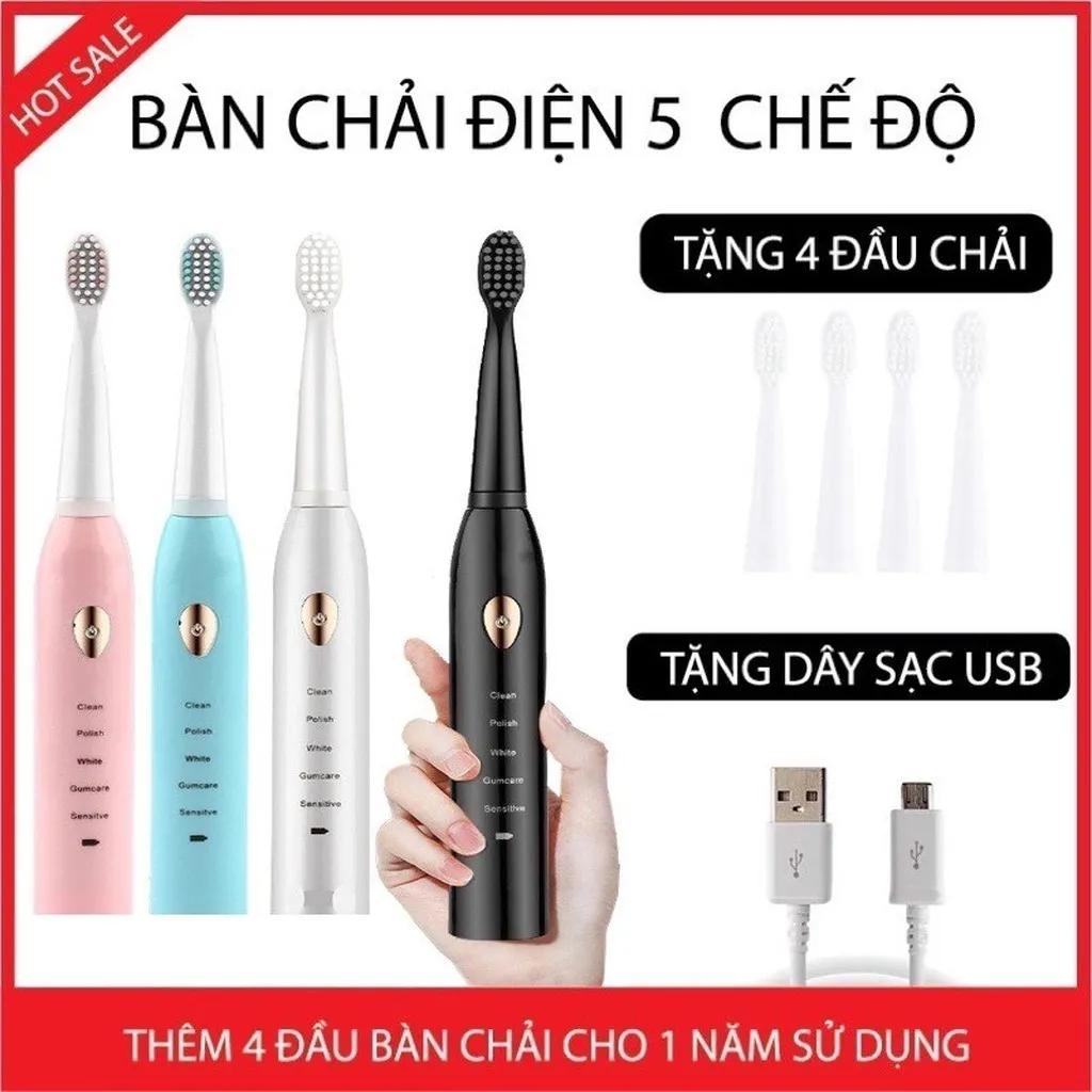 Bàn Chải Điện Tự Động Electric Toothbrush Đánh Răng 5 Chế Độ Hàng Cao Cấp, Tặng Kèm Cáp Sạc Và 4 Đầu Chải Sử Dụng Trong 1 Năm Gd055 - Lady's Passion