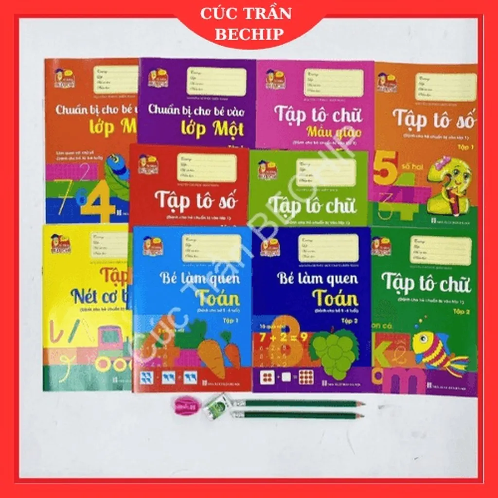 Bộ 10 Cuốn Vở Tập Tô Kèm 2 Bút Chì Và Gọt Bút Chì, Cục Tẩy Tập Viết Chữ Và Số Cho Bé Từ 4-6 Tuổi Ctb220 - Bechip