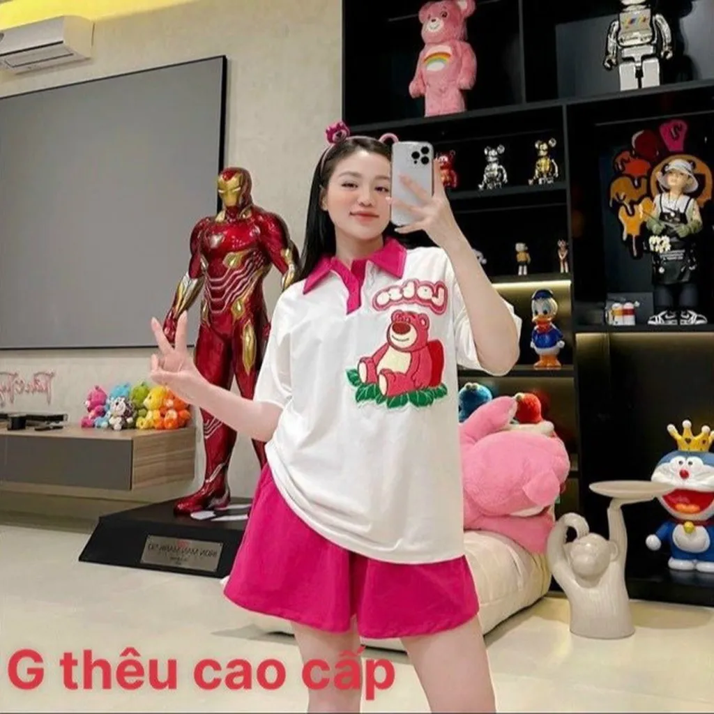 Alternative view of Đồ Bộ Nữ Áo Tay Lỡ Quần Short Thun Gấu Hồng In - Ausa House