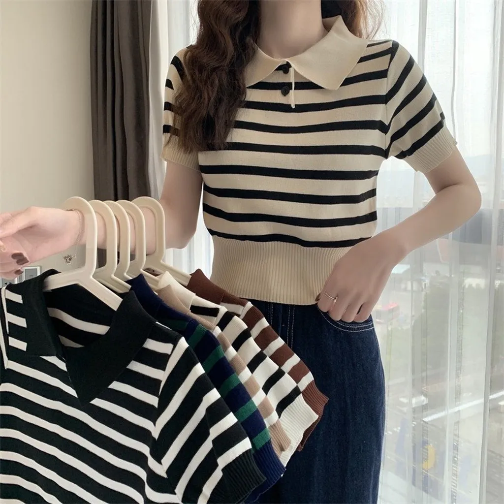 Alternative view of Áo Len Cộc Tay Kẻ Ngang, Cổ Polo Bẻ Khối 2 Khuy Cúc Phong Cách Hàn Quốc Cực Xịn Sldca158 - Diepchi Fashion