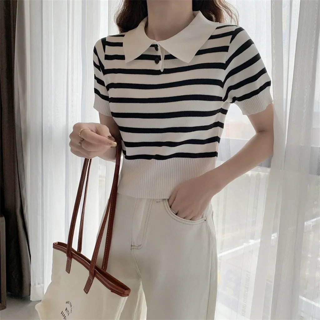 Áo Mongtoghi Cộc Tay, Cổ Bẻ Phối 2 Khuy, Họa Tiết Kẻ Ngang Trẻ Trung Cá Tính Slcxa158 - Chipxinhxk