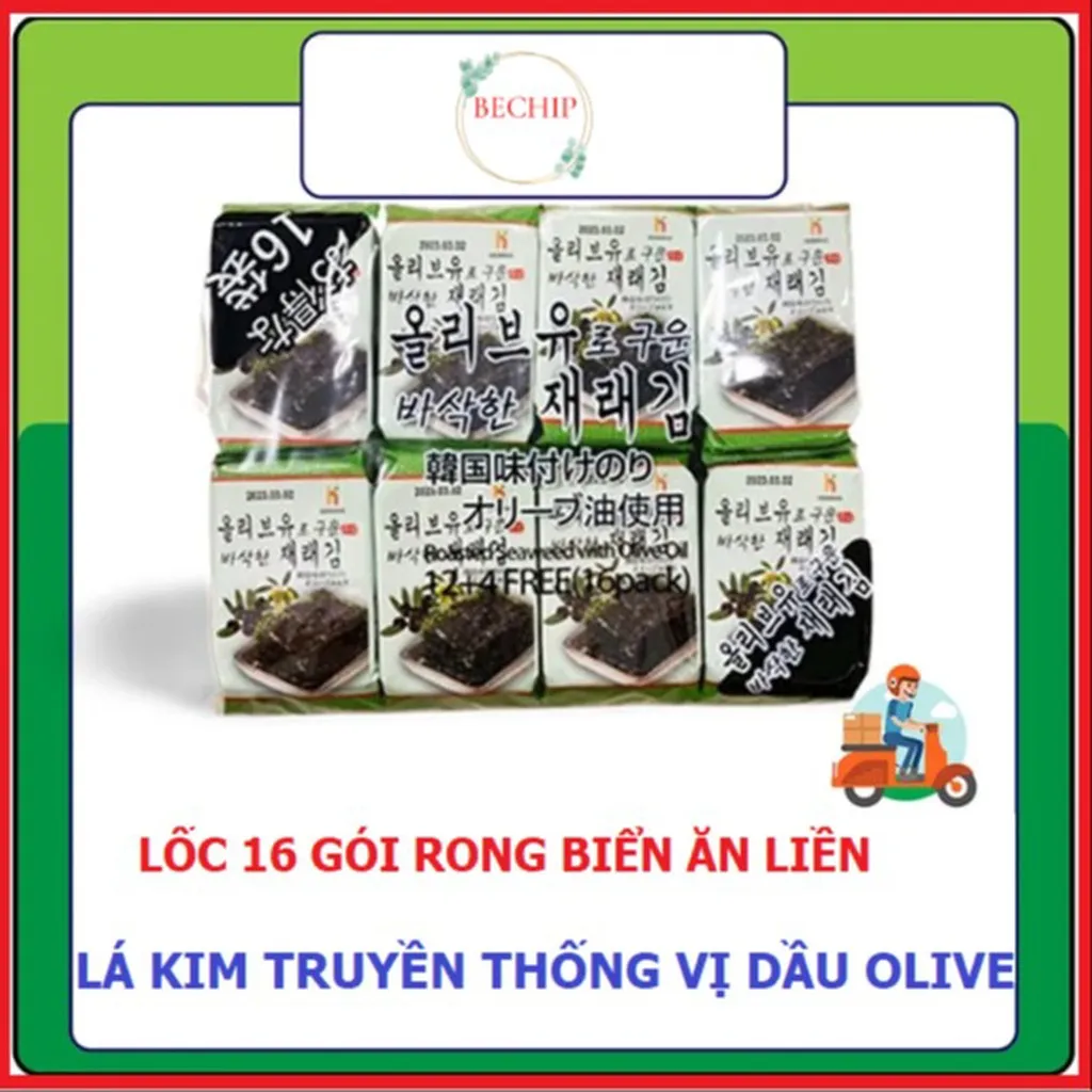 Lốc 16 Gói Rong Biển Ăn Liền Lá Kim Truyền Thống Vị Dầu Olive Ctb240 - Bechip