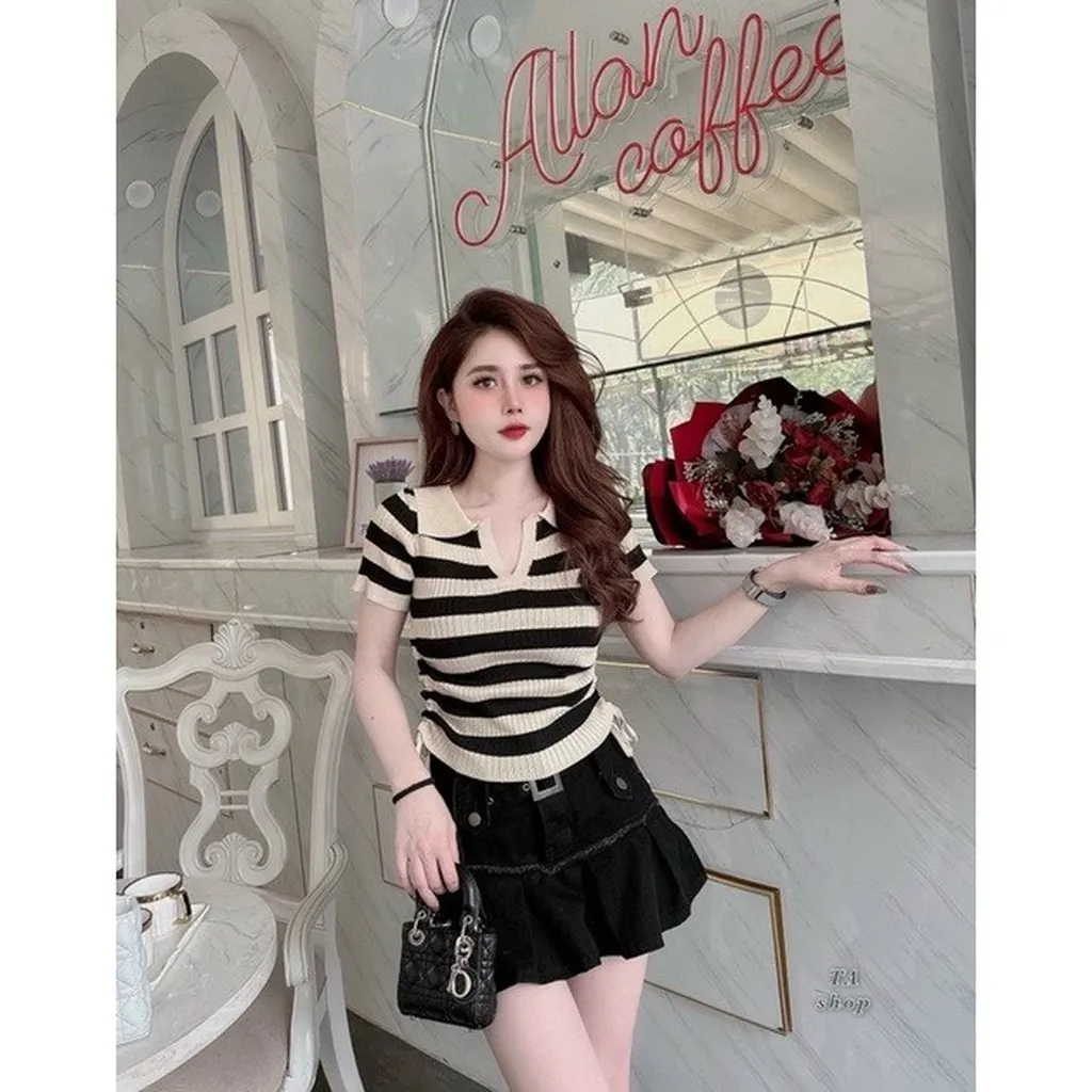 Áo Len Polo Họa Tiết Kẻ Ngang Phối Dây Rút 2 Bên Siêu Xinh Sldca165 - Diepchi Fashion