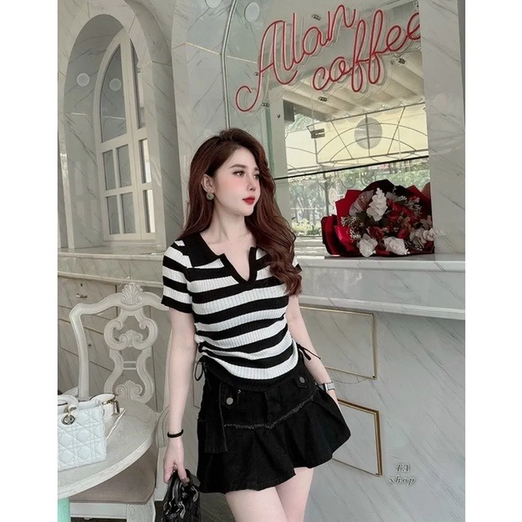Alternative view of Áo Len Polo Họa Tiết Kẻ Ngang Phối Dây Rút 2 Bên Siêu Xinh Sldca165 - Diepchi Fashion