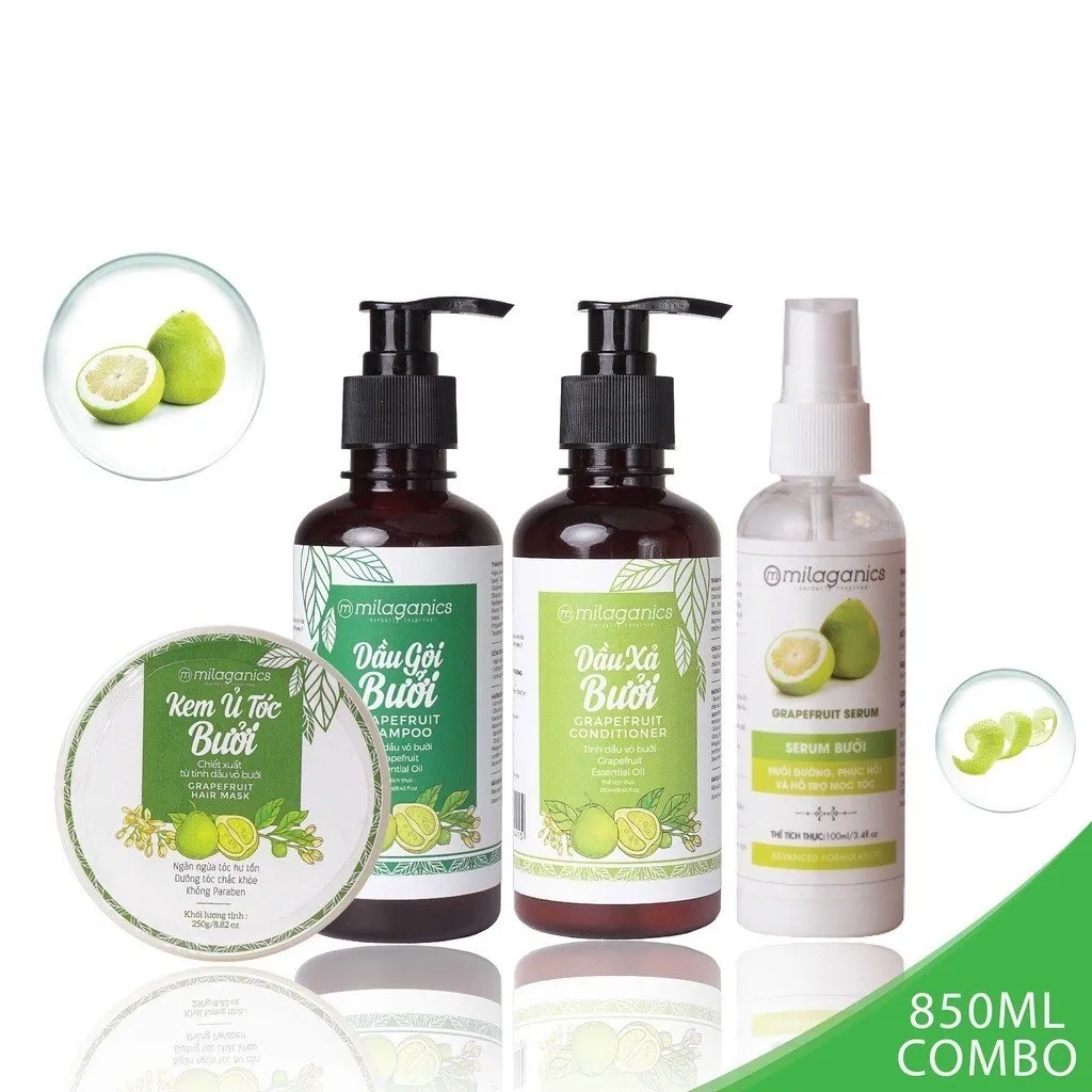 Bộ 4 Sản Phẩm Kích Thích Mọc Tóc Từ Tinh Dầu Bưởi: Dầu Gội, Dầu Xả, Kem Ủ & Serum Bưởi - Milaganics (850ml/ Bộ)