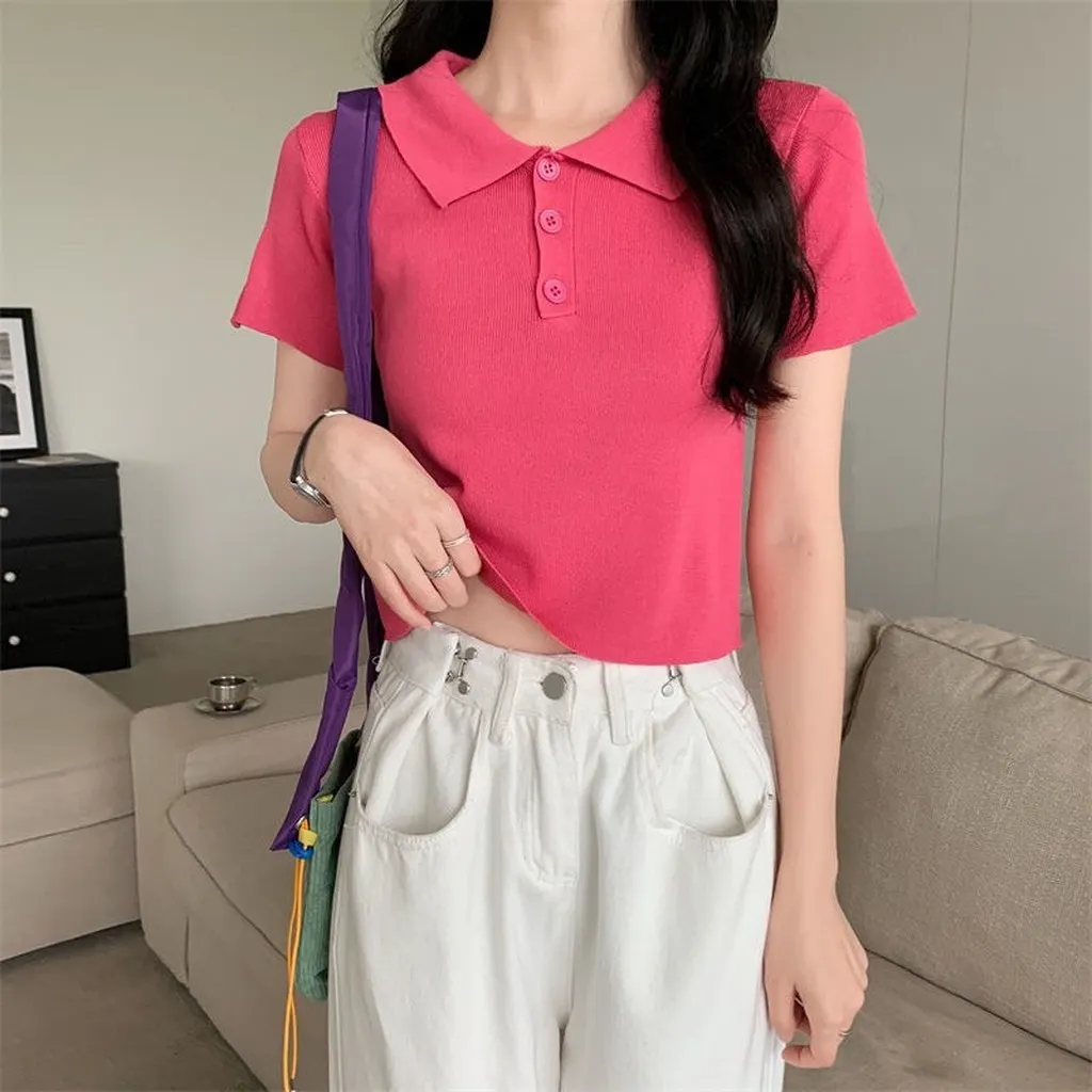Alternative view of Áo Len Dệt Kim Cộc Tay Trơn Phối 3 Khuy Cổ Slcxa177 - Chipxinhxk