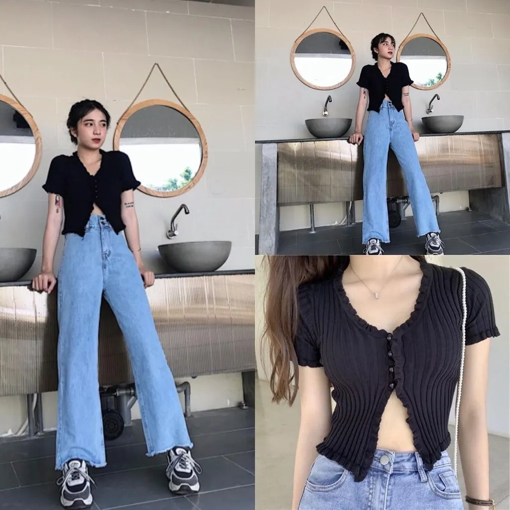 Alternative view of Áo Len Cổ V Dáng Croptop Viền Bèo Cực Xinh Sldca100 - Diepchi Fashion