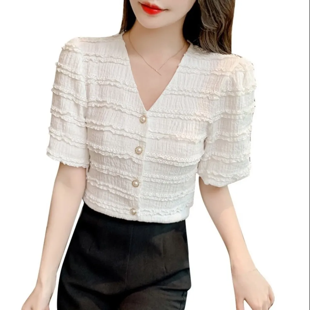 Alternative view of Áo Sơ Mi Cổ V Chất Xốp Viền Bèo Tiểu Thu Siêu Xinh Cho Bạn Nữ Sldca132- Diepchi Fashion