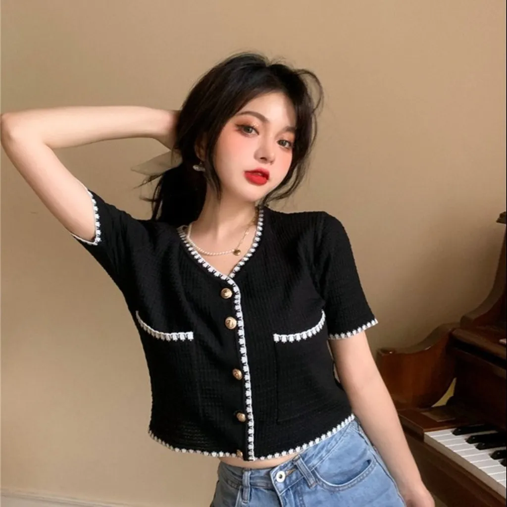 Áo Cardigan Cộc Tay Cổ V Phối Viền Dáng Lửng Cực Trend Sldca178 - Diepchi Fashion