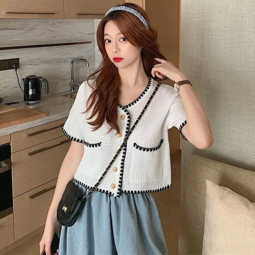 Alternative view of Áo Cardigan Cộc Tay Cổ V Phối Viền Dáng Lửng Cực Trend Sldca178 - Diepchi Fashion