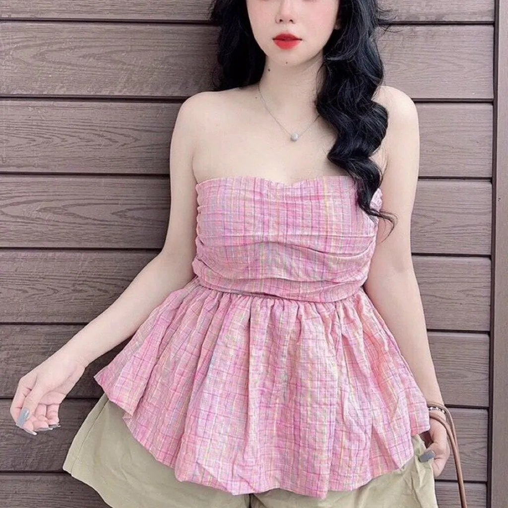 Áo Nữ Ống Bí Xèo Caro Hồng - Ausa House