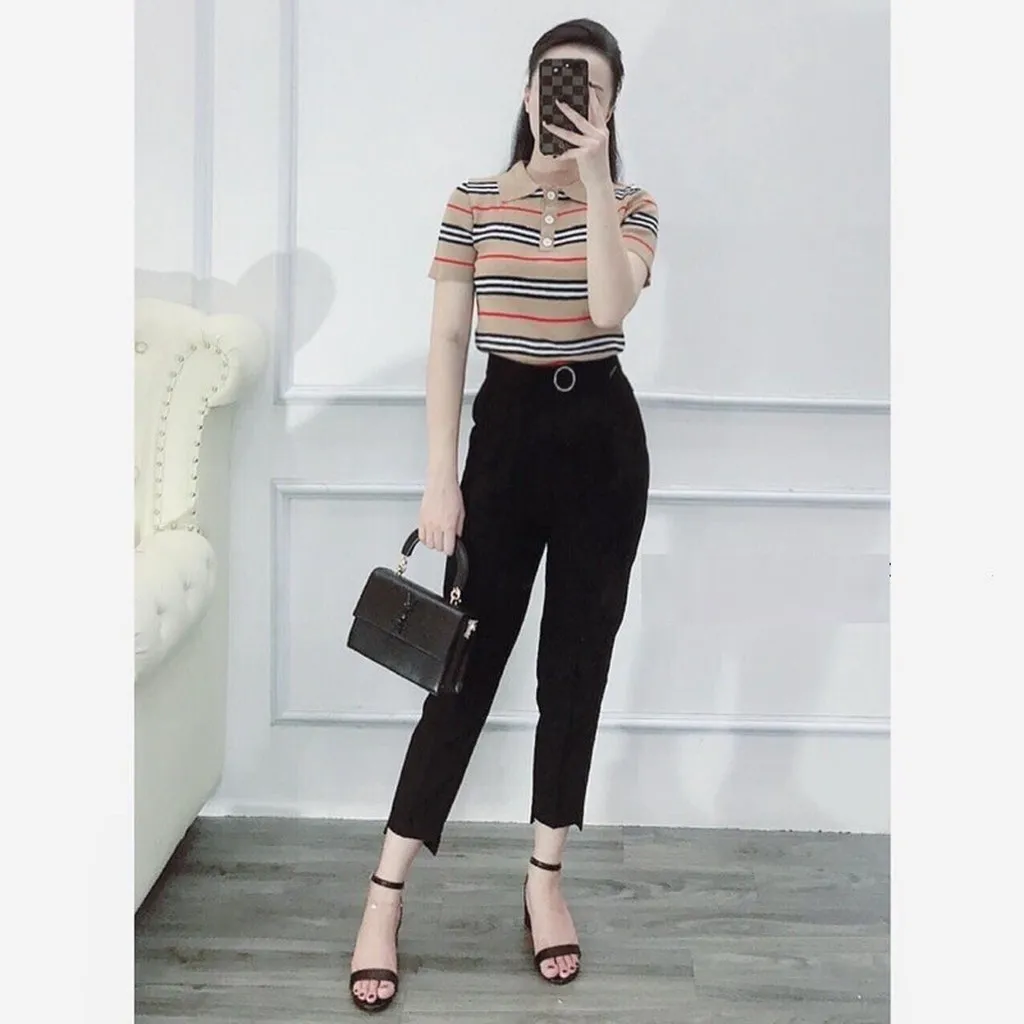 Alternative view of Áo Len Polo Cộc Tay Khuy Giữa Họa Tiết Kẻ Ngang Bbr Sldca175 - Diepchi Fashion