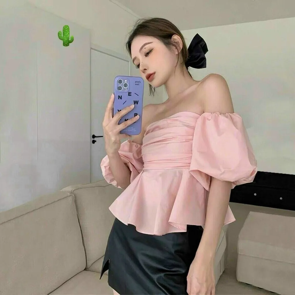 Áo Nữ Bẹt Vai Nhúng Tay Phồng Bí Vải Kate - Ausa House