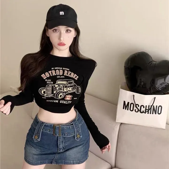 Áo Croptop Ôm Body Nữ Hotrod Rebel Tay Dài Cổ Tròn Ug449 - Nana House