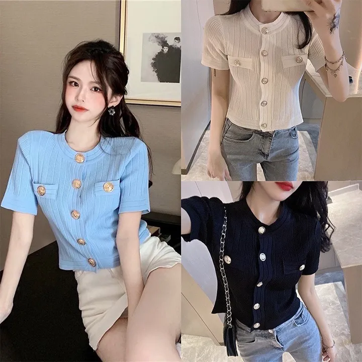 Áo Len Cộc Tay Cổ Tròn Gân Nổi Khuy Vàng Màu Trơn Sldca180 - Diepchi Fashion