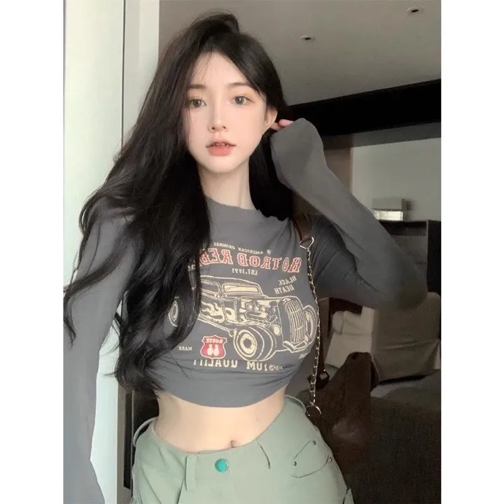 Áo Croptop Ôm Body Nữ Hotrod Rebel Tay Dài Cổ Tròn Sa90 - Sam Store