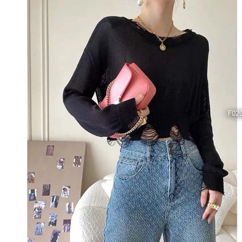 Alternative view of Áo Len Dài Tay Dáng Croptop Rách Cực Chất Slcxa192 - Chipxinhxk