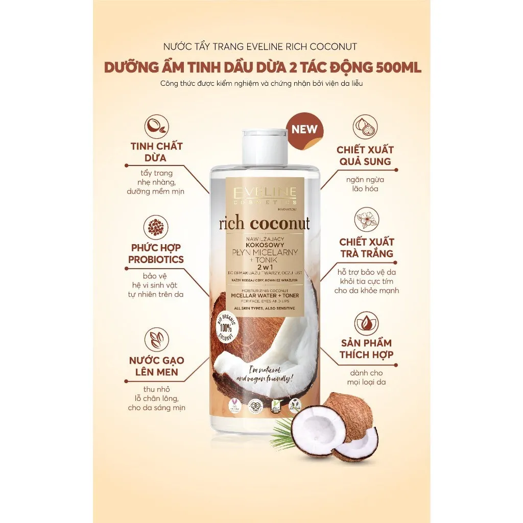 Alternative view of Nước Tẩy Trang Rich Coconut Dưỡng Ẩm Tinh Dầu Dừa 2 Tác Động 500ml- Eveline