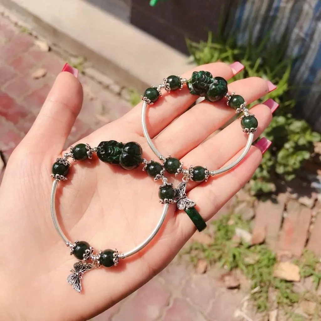 Vòng Tay Charm Tì Hưu Ngọc Cẩm Thạch Sơn Thủy Bạc Ta Thiên Nhiên - Thắng Giang
