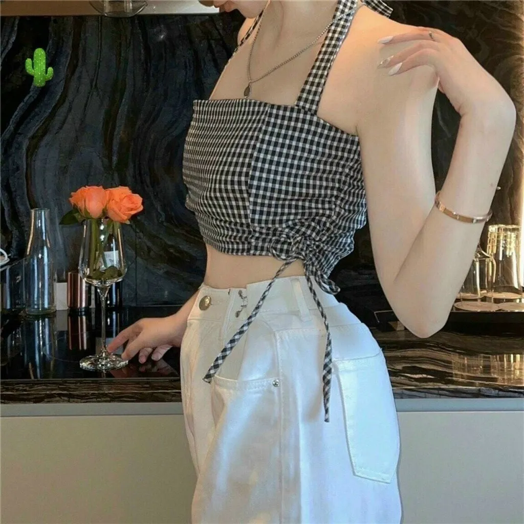 Áo Nữ Yếm Kiểu Caro Trắng Đen - Ausa House