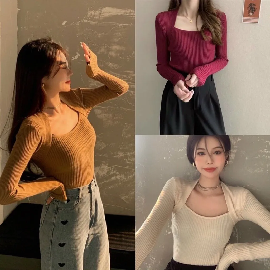 Áo Len Tăm Dài Tay Cổ Vuông Cắt Xẻ Độc Đáo Sldca62 - Diepchi Fashion
