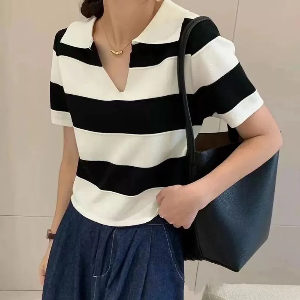 Alternative view of Áo Len Dệt Kim Cổ Bẻ Kẻ Ngang To Nhiều Màu Sldca183 - Diepchi Fashion