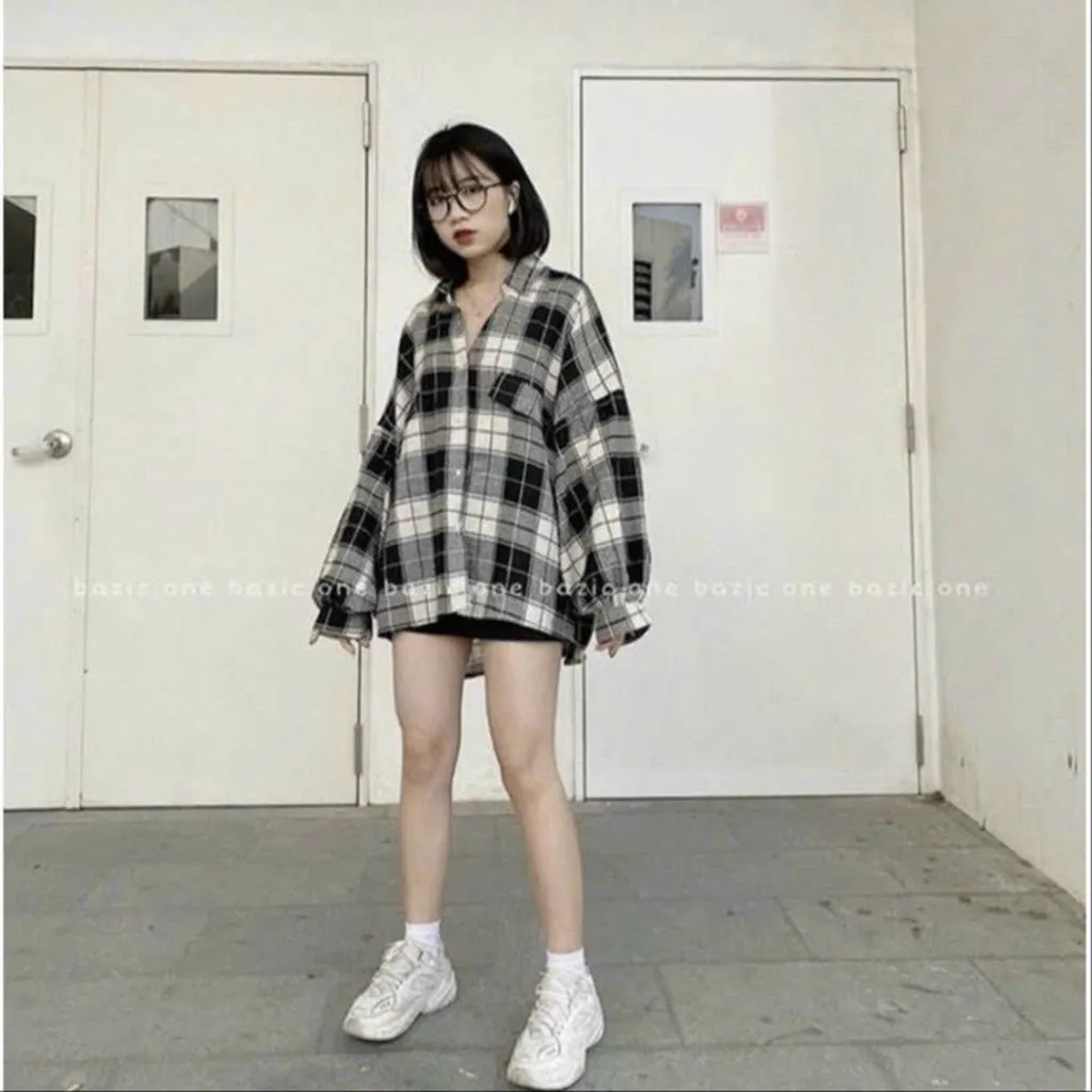 Áo Sơ Mi Nữ Sọc Caro Phối Cách Form Tay Rộng Chất Liệu Vải Mát Mẻ Mang Cá Tính Trẻ Trung Hàng Hot Trend-htm Fashion