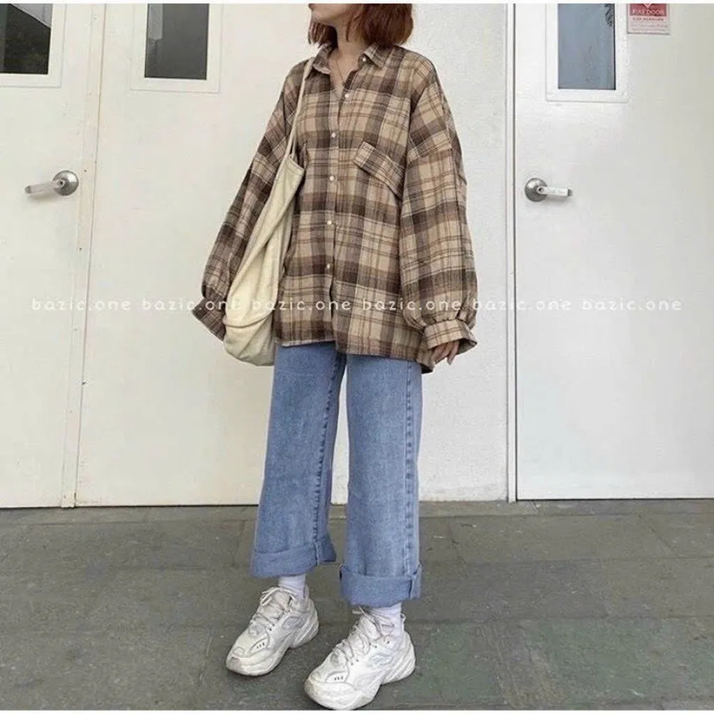 Alternative view of Áo Sơ Mi Nữ Sọc Caro Phối Cách Form Tay Rộng Chất Liệu Vải Mát Mẻ Mang Cá Tính Trẻ Trung Hàng Hot Trend-htm Fashion
