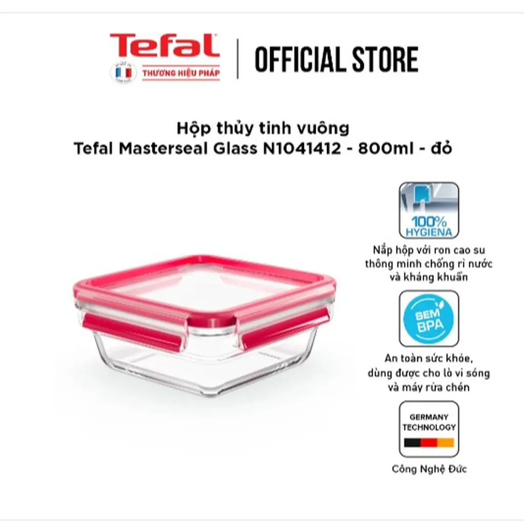 Hộp Thủy Tinh Vuông Tefal Masterseal Glass N1041412 - 800ml - Đỏ - Tefal