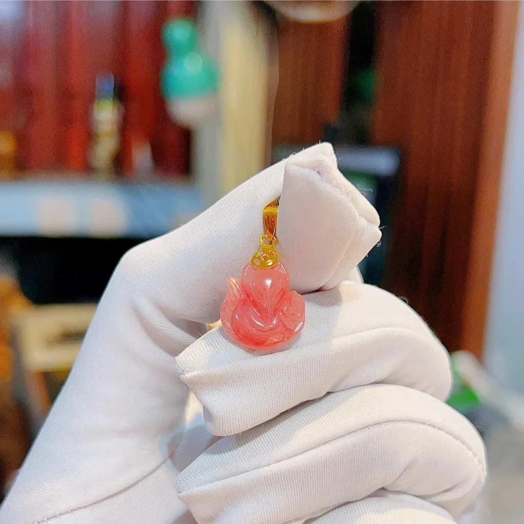 Mặt Dây Chuyền Hồ Ly Đá Đào Hoa Thiên Nhiên Móc Vàng Tây 10 Kara - Thắng Giang