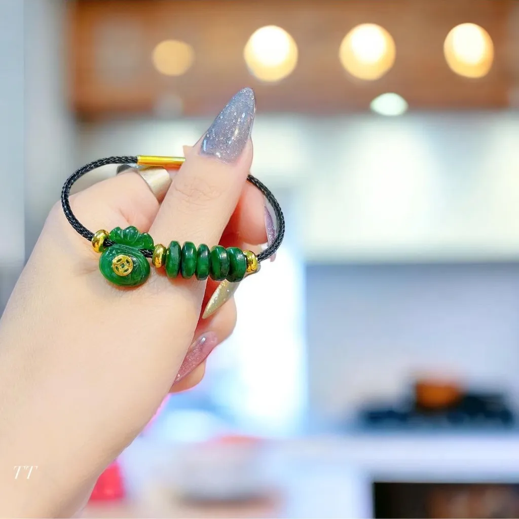 Vòng Tay Túi Tiền Ngũ Điếu Ngọc Cẩm Thạch Sơn Thủy Thiên Nhiên Gắn Kim Tiền Vàng 10 Kara - Thắng Giang