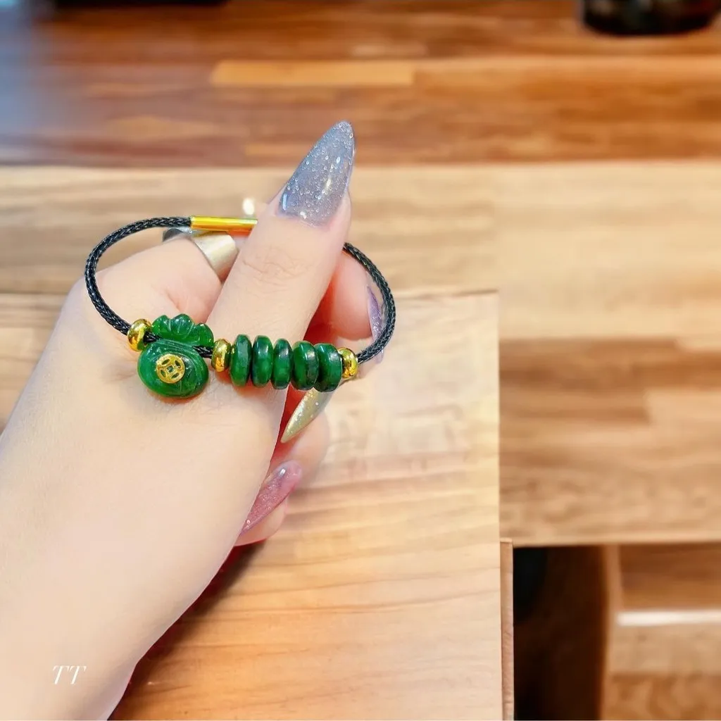 Alternative view of Vòng Tay Túi Tiền Ngũ Điếu Ngọc Cẩm Thạch Sơn Thủy Thiên Nhiên Gắn Kim Tiền Vàng 10 Kara - Thắng Giang
