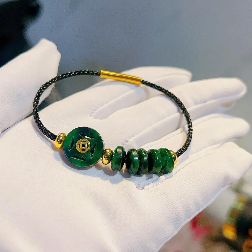 Vòng Tay Xu Ngũ Điếu Ngọc Cẩm Thạch Thiên Nhiên Gắn Xu Kim Tiền Vàng Tây 10 Kara - Thắng Giang